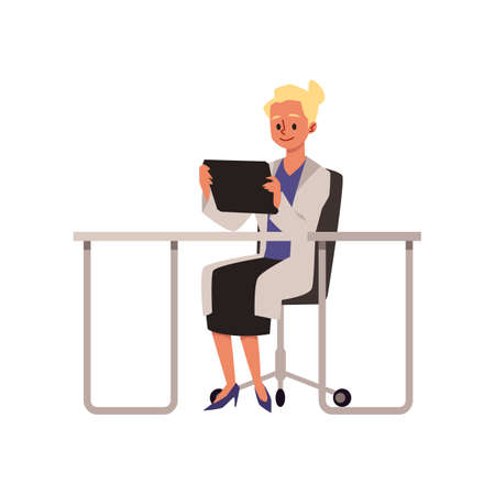 Electronic health records concept with cartoon woman sitting at desk in vectorのイラスト素材