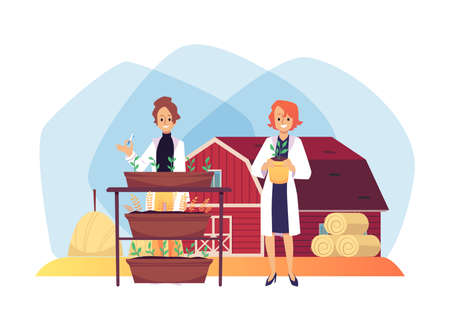 Agronomy scene with female scientists studying plants on farm, flat vector illustration on white background.のイラスト素材