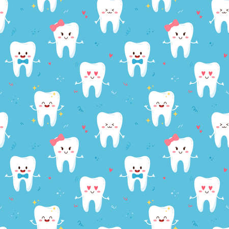 Cute teeth characters seamless pattern, flat vector illustration.