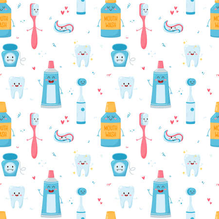 Dental pattern seamless, vector flat illustration on a white background.のイラスト素材