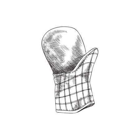 Hand drawn monochrome kitchen mitten to hold hot objects, sketchのイラスト素材