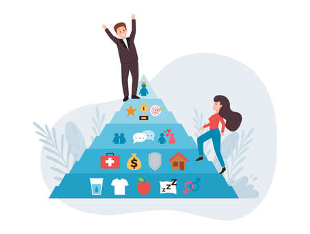 Man and woman climbing the Maslow pyramid, flat vector illustration isolated on white background.のイラスト素材