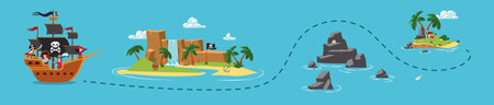 Route of marine adventure for searching pirates treasure, vector illustration.のイラスト素材