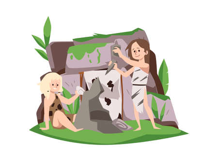 Two children dressed in animal skins make figure out of stoneのイラスト素材