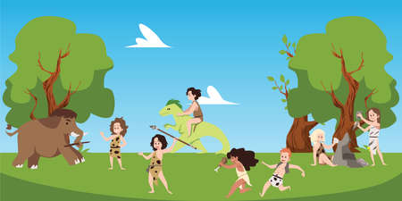 Stone age kids running and hunting mammoth with spear, nature landscape, flat vector illustration.のイラスト素材
