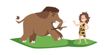 Cute stone age boy playing with mammoth, flat vector illustration isolated on white background.のイラスト素材