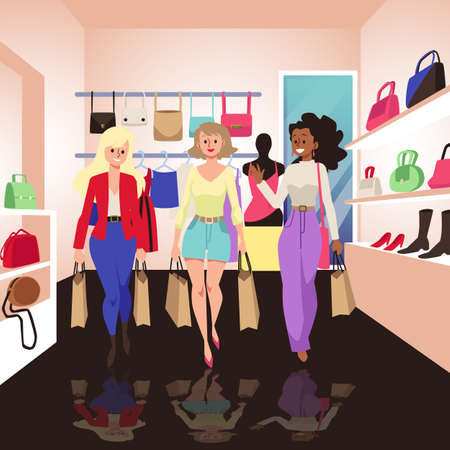 Cheerful shopaholics or shoppers in the store, flat vector illustration.のイラスト素材