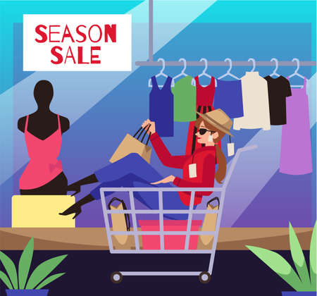 Wealthy woman in shopping trolley riding in dress store, shopaholic person, flat vector illustration.のイラスト素材