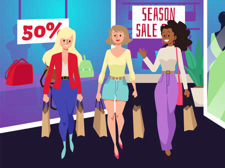 Group of women with shopping bags in the store, friends go shopping during discount season, flat vector illustration.のイラスト素材