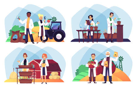 Agronomy scientists studying plants in lab, on farm, producing excellent harvestのイラスト素材