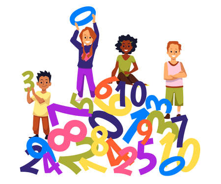 Happy kids on bunch of colorful numbers from zero to ten flat styleのイラスト素材