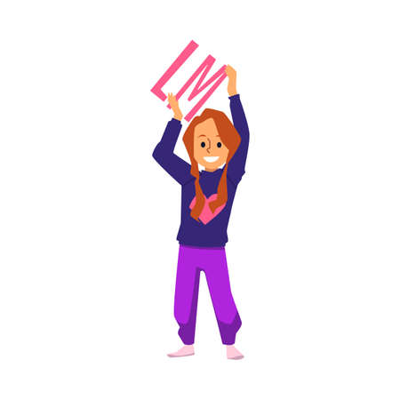 Pleased smiling girl holding pink letters L and M overhead flat styleのイラスト素材