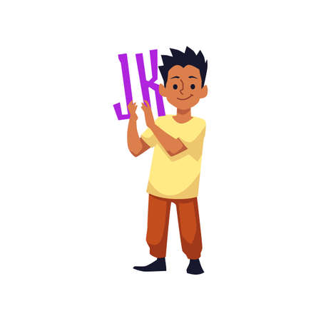 Little boy holding letters J and K flat style, vector illustrationのイラスト素材