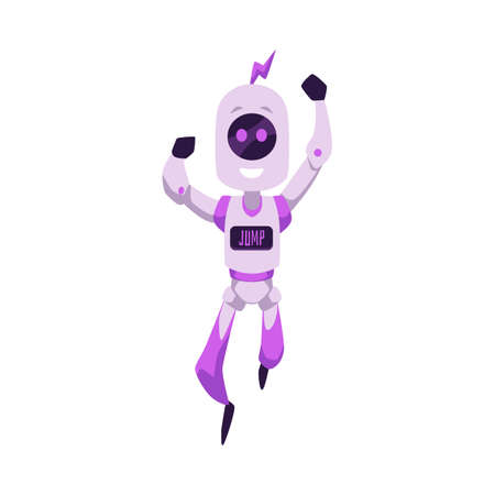 Happy smiling purple mascot robot doing jump command flat styleのイラスト素材