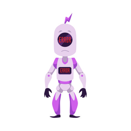 Sad purple standing mascot robot with error message on screen flat styleのイラスト素材