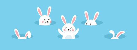 Funny playful white rabbits hiding in holes flat style, vector illustrationのイラスト素材