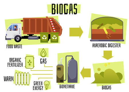 Biogas production process from food waste collection to anaerobic digestion and biomethane production.のイラスト素材