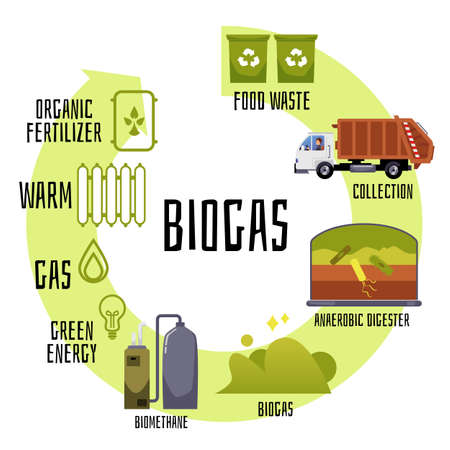 Biogas production and distribution cycle, flat vector illustration isolated on white background.のイラスト素材