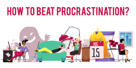 Procrastination poster template with people at workplace, flat vector illustration.