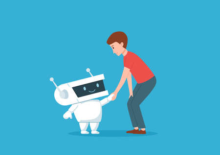 Man and cute friendly robot shaking hands, flat vector illustration isolated.