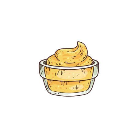 Glass bowl with mustard paste sauce hand drawn vector illustration isolated.のイラスト素材