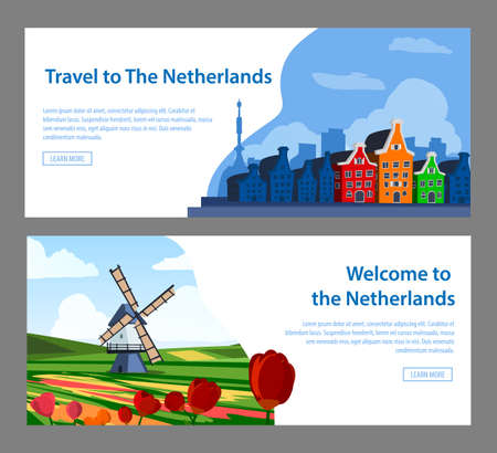 Travel to the Netherlands banners or flyers set flat vector illustration.のイラスト素材