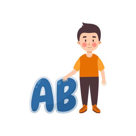 Kid with alphabet letters AB, cartoon flat vector illustration isolated on white background.のイラスト素材