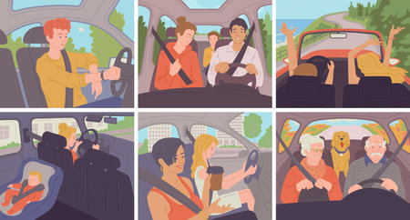 Set scenes with people families and singles in car flat vector illustration.のイラスト素材