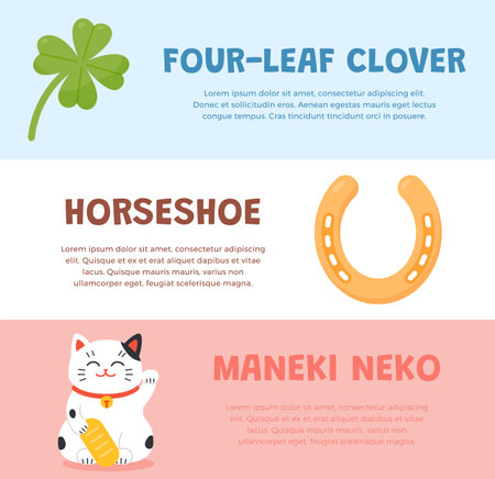Good fortune symbols posters set, four-leaf clover, horseshoe and maneki neko, flat vector illustration.のイラスト素材