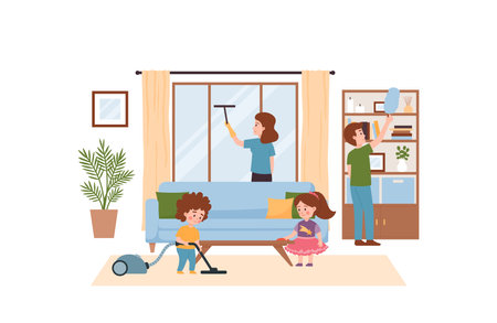 Family clean living room together, kids help parents with cleaning - flat vector illustration.のイラスト素材