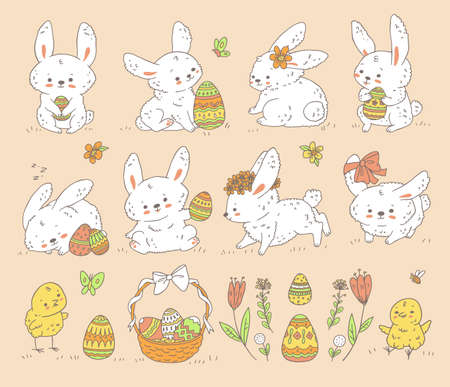 Easter icons set with rabbits and flowers, doodle vector illustration isolated.のイラスト素材