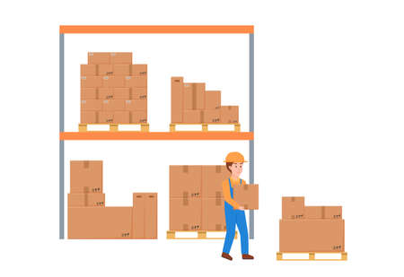 Warehouse worker in helmet carrying cardboard box, flat vector illustration isolated on white background.のイラスト素材