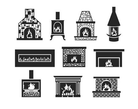 Fireplace icon set, black and white vector illustration isolated on white background.のイラスト素材