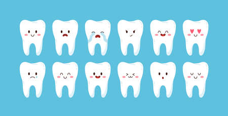 Set of cute cartoon teeth with different emotions flat styleのイラスト素材