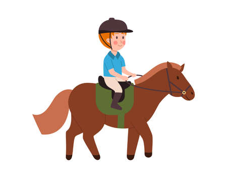 Child jockey taking horse riding lessons, flat vector illustration isolated.のイラスト素材