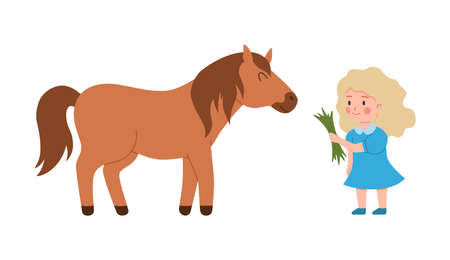 Child feeding grass pony horse, flat cartoon vector illustration isolated.のイラスト素材