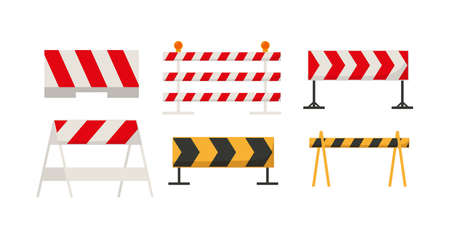 Traffic barriers and fences with white and red stripes, flat vector illustration isolated on white background.のイラスト素材
