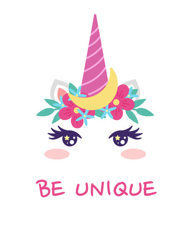 Cute unicorn face with flowers and horn on the head, childish poster, flat vector illustration on white background.のイラスト素材