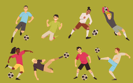Men team of soccer players, cartoon vector avatars in different poses. Football players kick ball, keep, pass and tackleのイラスト素材