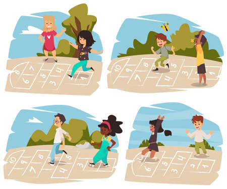 Child hopscotch, cartoon vector illustration set. Diverse kids of different race are playing hop scotch playground game.のイラスト素材