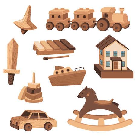 Wooden toys for children education set of flat vector illustrations isolated.のイラスト素材