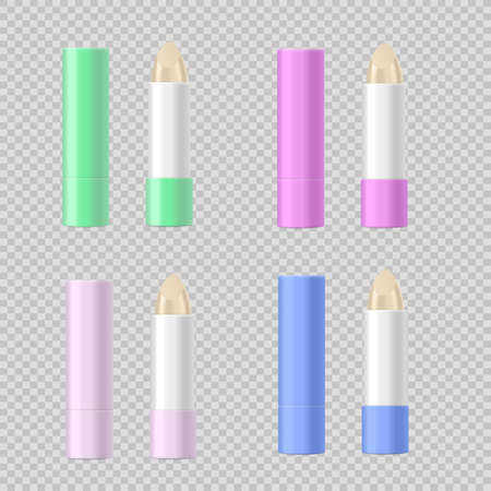 Lip balm tubes set of templates in colors, 3d vector illustration isolated.のイラスト素材