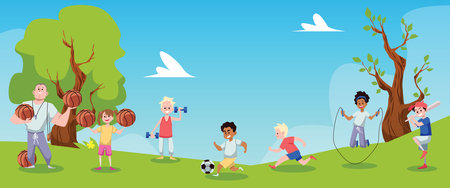 School physical education lesson on sports ground, flat vector illustration.のイラスト素材