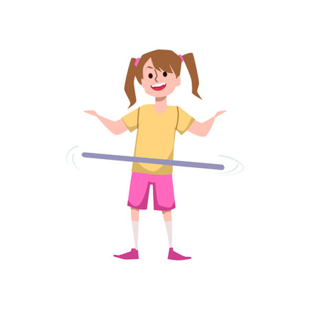 Happy girl twisting hoop, flat vector illustration isolated on white background.のイラスト素材