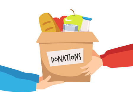 Food sharing donation volunteering project, flat vector illustration isolated.のイラスト素材