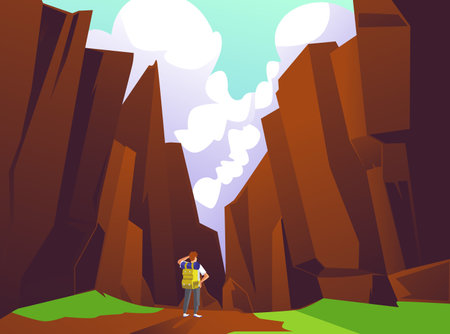 Hiker in the mountains admiring the mountain scenery, flat vector illustration.のイラスト素材