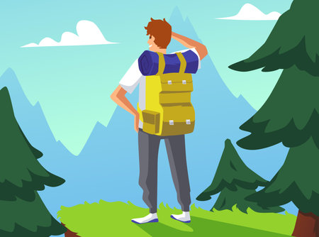 Man with backpack hiking in the mountains, person looking at mountains, nature flat vector illustration.のイラスト素材