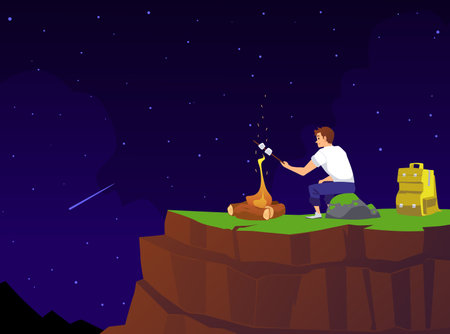 Young man spending the night camping in the mountains, flat vector illustration.のイラスト素材