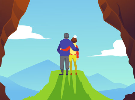 Man and woman couple hugging on top of mountain or cliff, looking at nature landscape, flat vector illustration.のイラスト素材