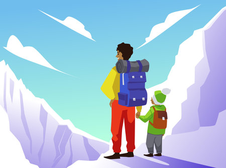 Father with huge backpack and son standing on top of snowy mountain flat styleのイラスト素材